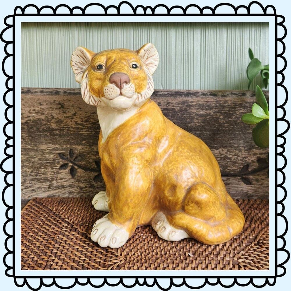 Vintage Ceramic Lion Cub Statue | MCM 1960s Chalkware handpainted 11" Figurine